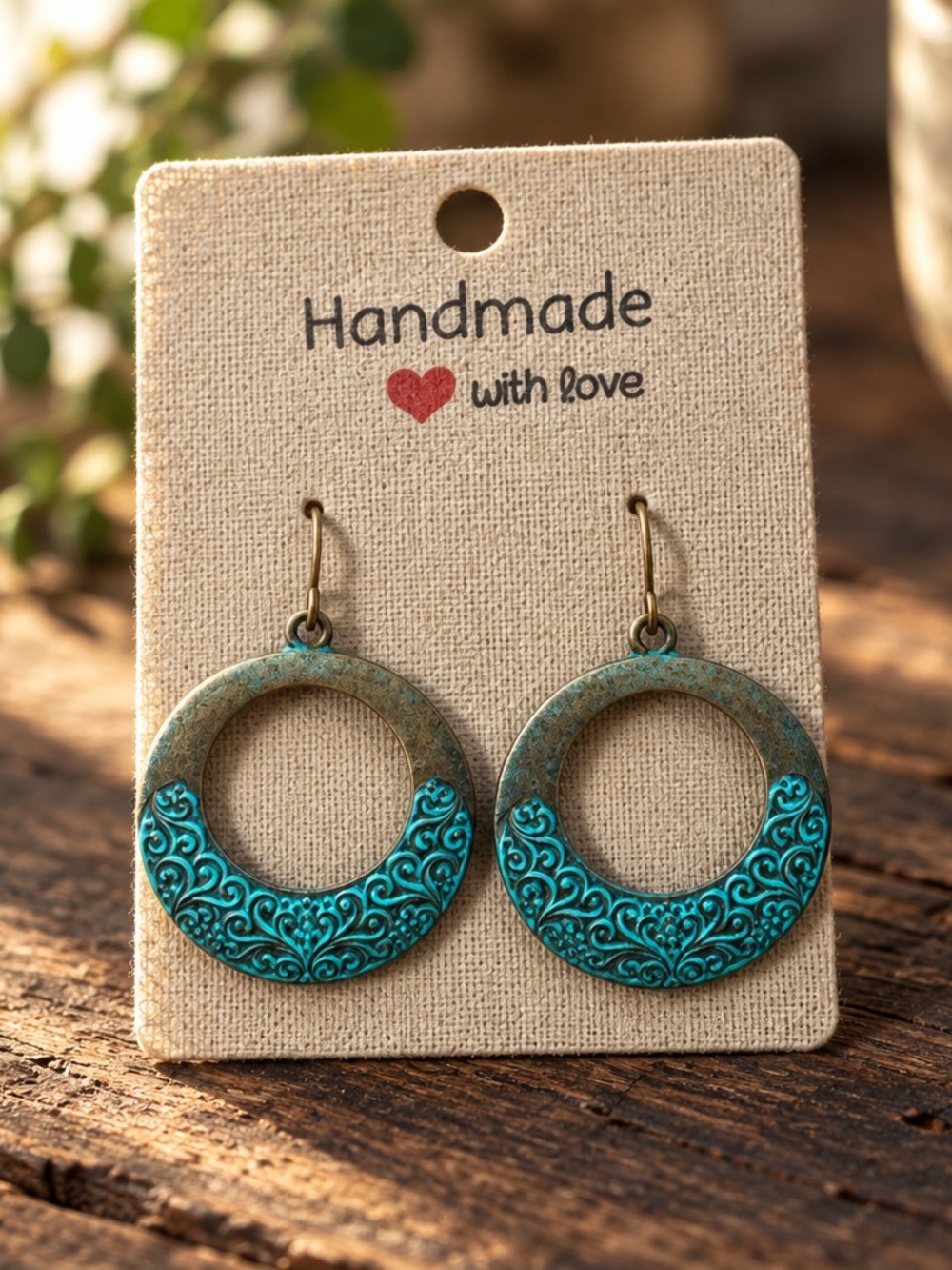Handmade Turquoise Patina Filigree Circle Earrings